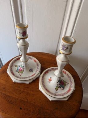 Herend Chinese Bouquet Apponyi Porcelain Candlestick Pair 7” Multi-color